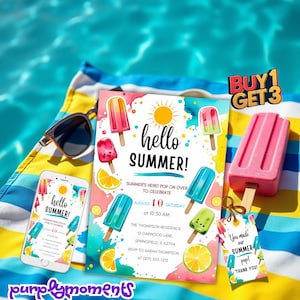 Modelo de convite para festa de verão - Tema picolé para download digital | Convite editável para festa na piscina, aniversário, PDF instantâneo | Compre 1 e leve 3