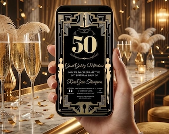 May include: A smartphone displaying a black and gold Art Deco style 50th birthday invitation. The text reads: 50, Great Gatsby Milestone, JOIN US TO CELEBRATE THE 50TH BIRTHDAY BASH OF Rose Gear Thompson, DECEMBER 12 SATURDAY, THE THOMPSON RESIDENCE, SPRINGFIELD, IL 62704, RSVP TO SARAH SMITH (217) 555-1212.