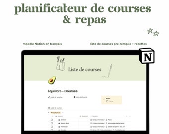 Planificateur de courses & repas : Modèle Notion complet en français | Livre de recettes | Liste de courses | Nutrition | Organisation