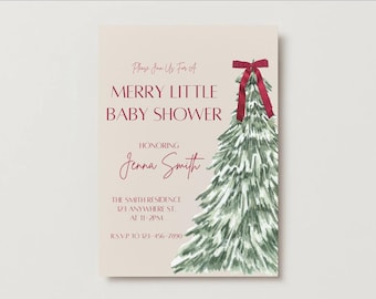 May include: A baby shower invitation with a Christmas tree design. The invitation text reads "Merry Little Baby Shower" and includes details for Jenna Smith's shower. The design features a red bow and a light beige background.