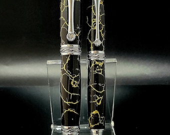 Black w/ Gold Matrix Trustone Majestic Jr. Rollerball Pen w/ Clear Swarovski Crystal