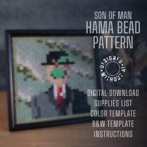 May include: A digital download pattern for a Son of Man Hama bead art project. The pattern includes a color template, a black and white template, a supplies list, and instructions. The image shows a completed Son of Man Hama bead art project in a black frame.