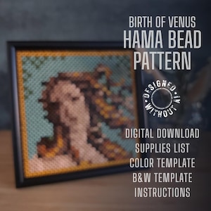 May include: A framed Hama bead pattern of the Birth of Venus, a famous painting. The pattern includes a digital download, supplies list, color template, black and white template, and instructions.