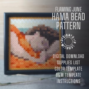 May include: A framed Hama bead pattern titled "Flaming June." The artwork features a pixelated image with orange, brown, and white beads. Additional text includes "Digital Download," "Supplies List," and "Instructions."