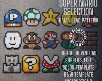 Könnte beinhalten: Eine Auswahl an Super Mario Hama-Perlenmustern. Das Bild zeigt pixelige Designs von Charakteren und Gegenständen aus dem Spiel, darunter ein Pilz, ein Stern und ein Fragezeichenblock. Der Text lautet "Super Mario Selection" und "Hama Bead Pattern".