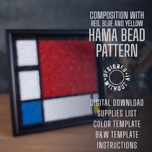 May include: A framed Hama bead pattern of a geometric design with red, blue, and yellow squares. The text "Composition with Red, Blue and Yellow Hama Bead Pattern" is above the image. The text "Designed Without AI" is below the image. The text "Digital Download Supplies List Color Template B&W Template Instructions" is below the text "Designed Without AI".