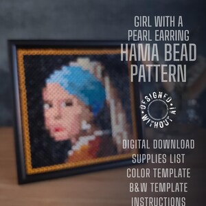 以下が含まれることがあります： 有名な絵画「真珠の耳飾りの少女」のハマビーズパターンです。パターンには、デジタルダウンロード、サプライリスト、カラーテンプレート、白黒テンプレート、および手順が含まれています。Without A.によってデザインされました。