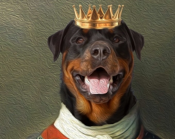 Lienzo de pintura de retrato de perro rey personalizado, retrato de mascota del período renacentista, lienzo de animales reales, regalo de gato reina y perro real, archivo digital