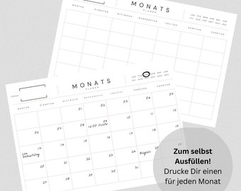 Monthly planner undated | A3 A4 Fillable PDF | To print | German | Printable Wall Calendar | Family planner
