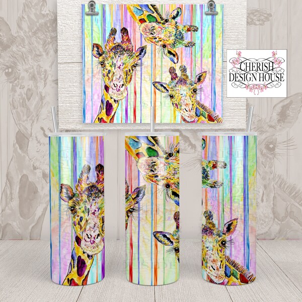 Giraffe Rainbow Tumbler sublimation design clip art PNG with commercial license Designs to Cherish Hand painted watercolour art Giraffes