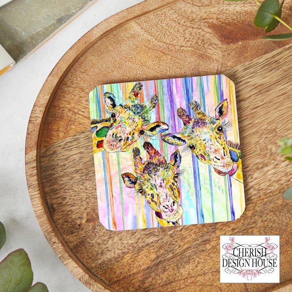 Giraffe rainbow watercolour Coaster sublimation design clipart PNG digital download commercial licence Cherish Hand paint art love Giraffes