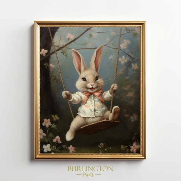 Cute Bunny on Swing Wall Art Easter Oil Painting Printable Easter Art Wall Decor Nature Spring Printable Wall Art Instant Download