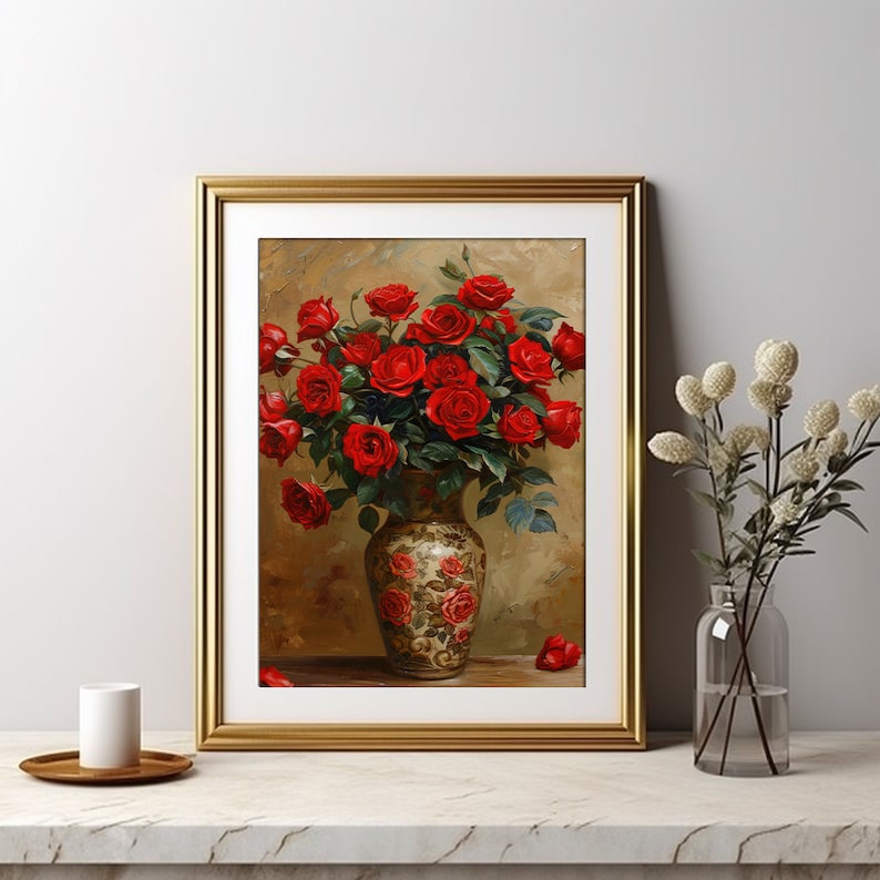 Red Rose Vase Printable Digital Wall Art Vintage Flower Art Print ...