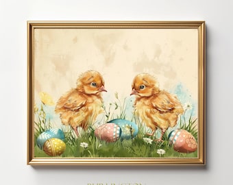 Cute Chicks with Easter Eggs Digital Print Printable Vintage Easter Wall Decor Easter Chicks Home Decor Vintage Easter Decor