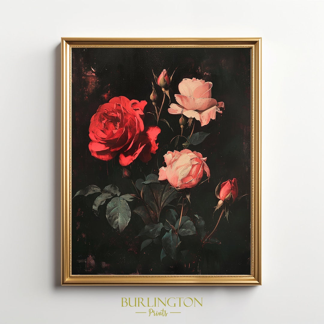 Red & Pink Roses Printable Digital Wall Art Vintage Flower Art Print ...