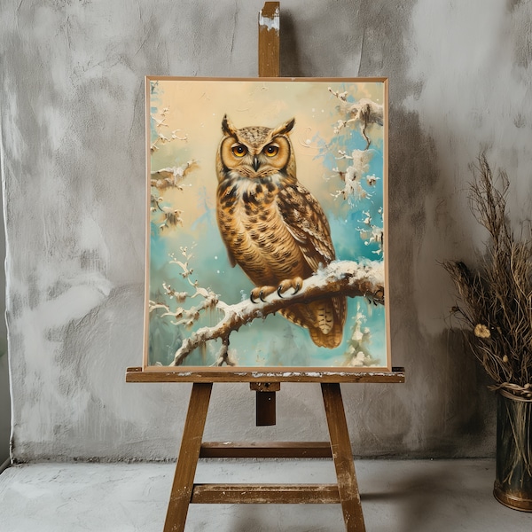 Owl Perched on Tree Branch Canvas Print, Rolled Vintage Canvas Print, Unframed Canvas Print, Winter Owl Photo Canvas Print without Frame