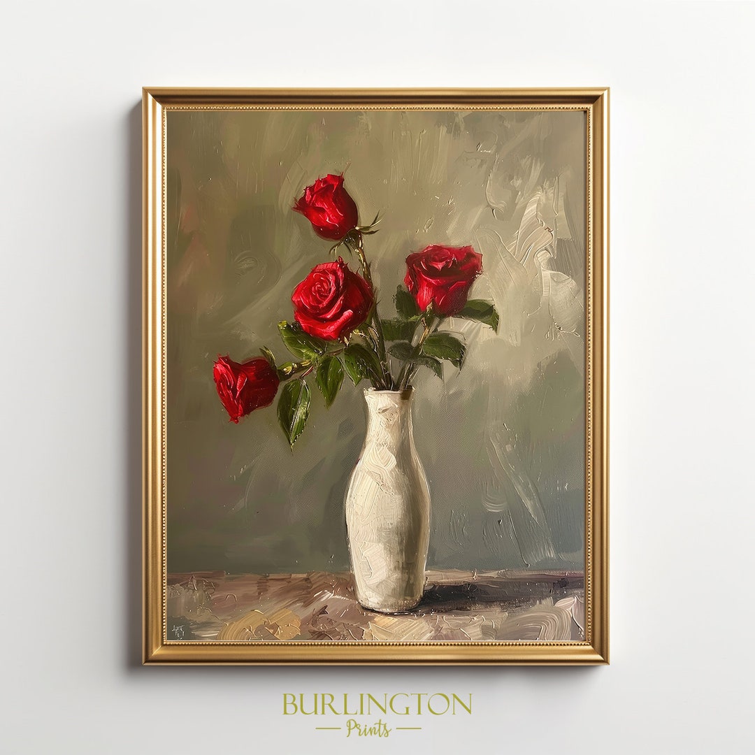 Red Roses in Vase Printable Digital Wall Art Vintage Flower Art Print ...