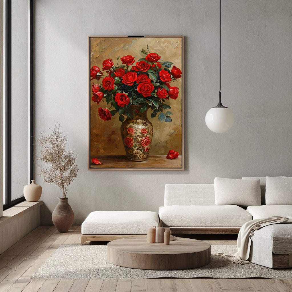 Red Rose Vase Printable Digital Wall Art Vintage Flower Art Print ...