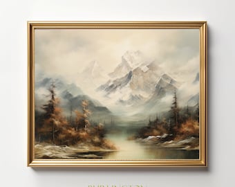 Majestueus berglandschap Vintage digitale print olieverfschilderij landschap afdrukbare Instant Download ruige pieken natuur berg