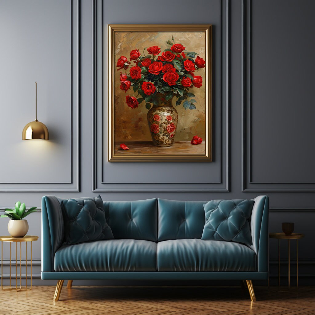Red Rose Vase Printable Digital Wall Art Vintage Flower Art Print ...