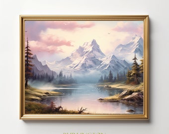 Berglandschap schilderij afdrukbare berg Vintage digitale print landschap print Instant Download ruige pieken natuur berg print