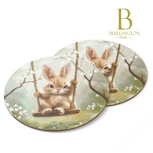 Cute Easter Bunny on Swing Coaster Set Spring Kitchen Decor Plastic PVC Waterproof Coaster Easter Coaster Cute Easter Bunny Coaster