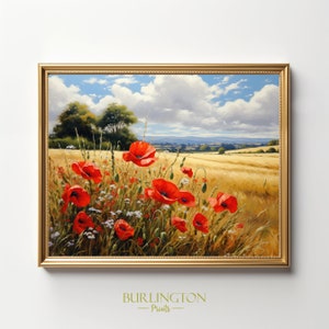 Puede incluir: Una pintura enmarcada que representa un campo de trigo con amapolas rojas en primer plano. El cielo es azul con nubes blancas. La pintura está en un marco dorado.