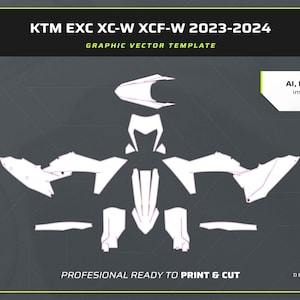 Pode incluir: Um modelo vetorial gráfico para motocicletas KTM EXC XC-W XCF-W 2023-2024, com formas brancas sobre um fundo cinza escuro. O layout inclui especificações para um modelo 1:1, sangria de 3mm e formatos de arquivo AI, EPS, SVG e PDF.