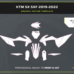 Peut inclure: Un modèle vectoriel graphique pour les autocollants de moto KTM SX SXF 2019-2022. La mise en page présente des formes blanches découpées sur un fond gris foncé avec du texte incluant '1:1', 'SPECIFICATIONS', '3mm bleed' et les formats 'AI, EPS, SVG, PDF'.