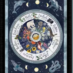 Könnte beinhalten: Ein dunkelblauer und weißer runder Druck mit einem saisonalen Rad mit Illustrationen von Tieren, Blumen und Himmelskörpern. Das Rad enthält Texte wie "Yule", "Imbolc" und "Litha". Der Hintergrund ist ein Sternenhimmel.