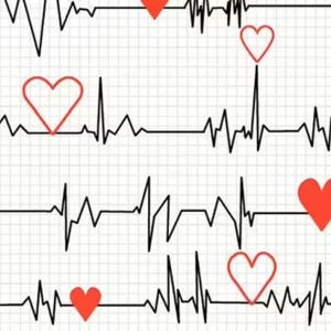 Könnte beinhalten: Ein sich wiederholendes Muster eines Herzschlagdiagramms mit roten Herzen auf weißem Hintergrund. Die Diagrammlinien sind schwarz und die Herzen sind entweder rot gefüllt oder rot umrandet.