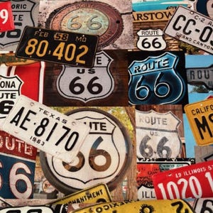 Könnte beinhalten: Eine Collage aus alten Nummernschildern und Route 66-Schildern. Das Design zeigt verschiedene Farben, darunter Gelb, Rot und Blau, mit Texten wie "Route 66" und Staatsnamen. Das Bild weckt ein Gefühl von Reisen und amerikanischer Kultur.