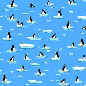 Könnte beinhalten: Ein sich wiederholendes Muster von Cartoon-Pinguinen auf Eisschollen in einem blauen Ozean. Die Pinguine sind schwarz und weiß mit gelben Schnäbeln. Die Eisschollen sind weiß und rechteckig. Der Hintergrund ist einfarbig hellblau.