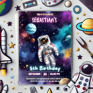Invitation d'anniversaire modifiable dans l'espace, invitation d'astronaute fusée, téléchargement numérique, invitation galaxie pour enfants, fête d'anniversaire dans l'espace extra-atmosphérique AS4