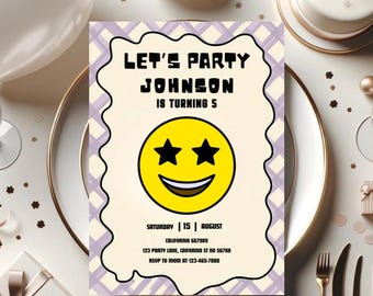 Smiley Face Birthday Invitation: Retro Pink Checkerboard Party (Digital Download)