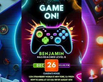 Editable Neon Video Game Birthday Invitation: Gamer Party Template (Digital Download)