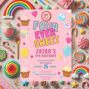 Quatre faire-part d'anniversaire toujours doux, faire-part d'anniversaire quatre jamais doux, faire-part 4e anniversaire, invitation de bonbons, modèle modifiable M86