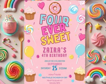 Bewerkbare verjaardagsuitnodiging Four Ever Sweet: snoepthema (digitale sjabloon)