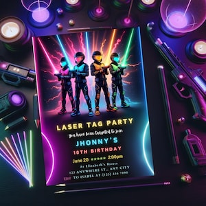 Laser Tag Party Einladung, Neon-Geburtstagsfeier einladen, Glow Laser Tag Geburtstag, Laser Party, Laser Tag Geburtstag, bearbeitbare Canva Vorlage R2