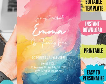 Editable Rainbow Birthday Invitation: Watercolor Splash, Gold Glitter (Digital Download)