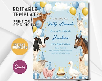 Farm Animals Birthday Invitation, Barnyard Party, Editable Template (Digital Download)