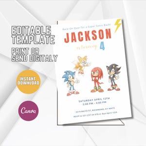 Sonic 3 Birthday Invitation, Super Hedgehog Boys Party Invite, Super Sonic Party Invitation, Editable Sonic Invite Template, Canva Template