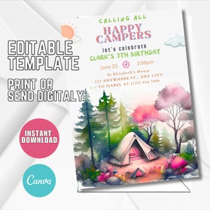 Modèle modifiable d'invitation d'anniversaire de camping, modèle d'invitation d'anniversaire de camp forestier d'aventure, invitation d'anniversaire de campeur, imprimable, toile C23