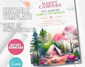 Bearbeitbare Camping Geburtstagseinladung, Waldabenteuer Vorlage (Digitaler Download)