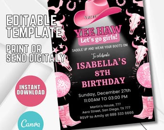 Invitación de cumpleaños de vaquera rosa, rodeo disco (plantilla editable)