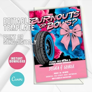 Invitación para revelación de género con lazos o adornos desgastados, invitación editable para baby shower, invitación imprimible para fiesta con lazos o adornos desgastados, invitación editable para él o ella T3