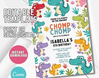 Editable Alligator Birthday Invitation, Chomp Chomp Swamp Theme (Digital Download)