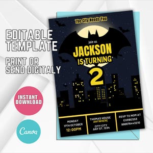 Convite editável de super-herói, convite para festa de morcego, convite para aniversário infantil para imprimir, convite para festa de aniversário do homem morcego, modelo Canva M41