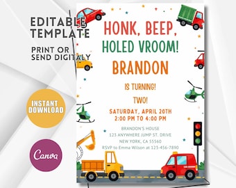 Truck, Car, Train Birthday Invitation, Transportation Theme (Digital Download)