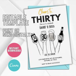 Puede incluir: Una tarjeta de invitación blanca con el texto "Cheers to Thirty" en dorado y negro. La invitación incluye ilustraciones de manos sosteniendo bebidas y el texto "Join us to celebrate David's 30th". La fecha es 23.12.2025.